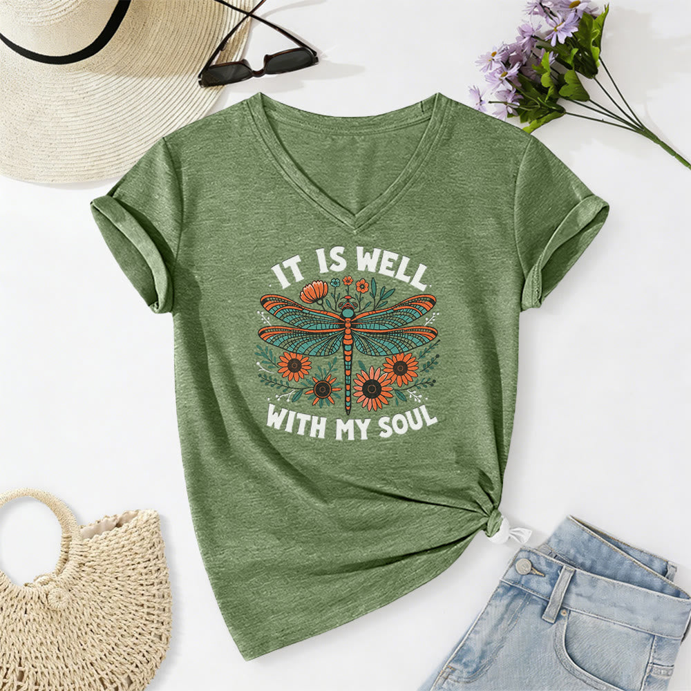 Christianartworkshop It Is Well With My Soul Dragonfly Floral Print Casual V-neck T-shirt - Olive Green - 2XL - image 6