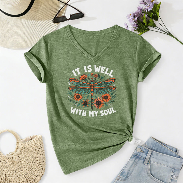 Christianartworkshop It Is Well With My Soul Dragonfly Floral Print Casual V-neck T-shirt - Olive Green - 2XL - image 6