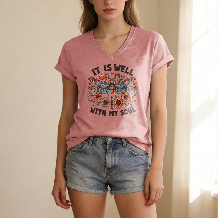 Christianartworkshop It Is Well With My Soul Dragonfly Floral Print Casual V-neck T-shirt - image 11