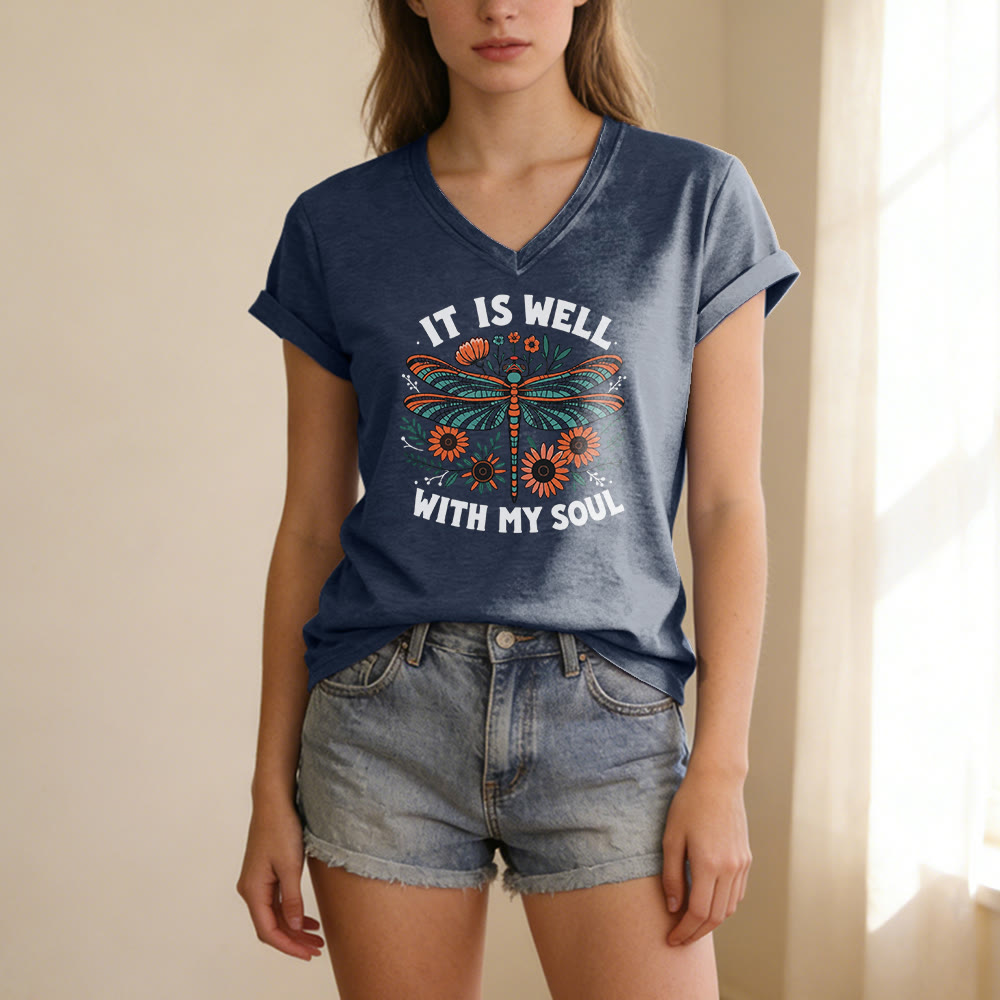Christianartworkshop It Is Well With My Soul Dragonfly Floral Print Casual V-neck T-shirt - image 19