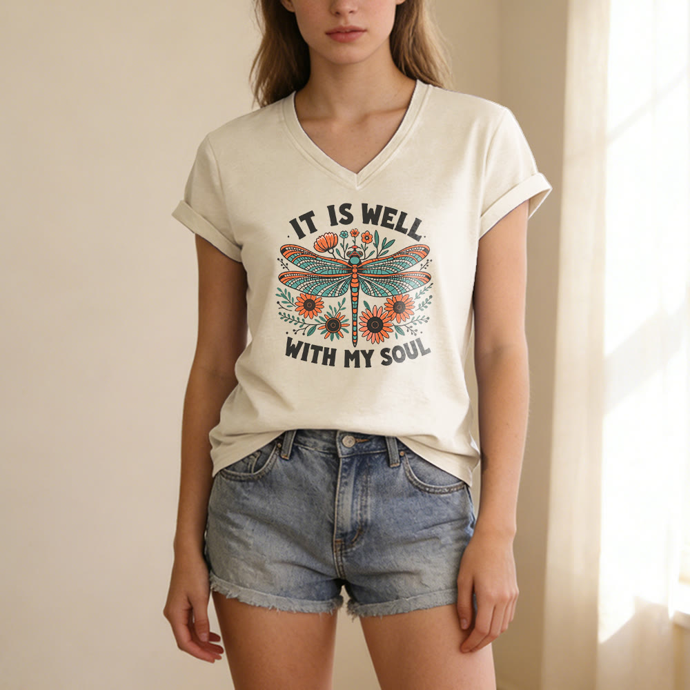Christianartworkshop It Is Well With My Soul Dragonfly Floral Print Casual V-neck T-shirt - image 3