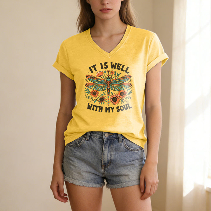 Christianartworkshop It Is Well With My Soul Dragonfly Floral Print Casual V-neck T-shirt - image 5