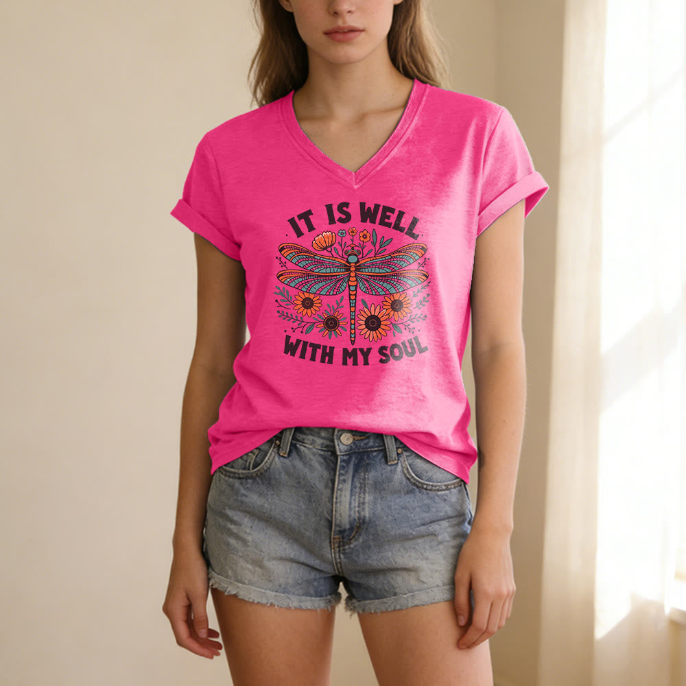 Christianartworkshop It Is Well With My Soul Dragonfly Floral Print Casual V-neck T-shirt - image 25