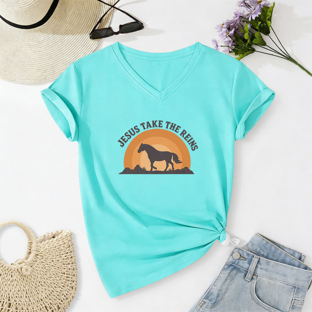 Christianartworkshop “Jesus Take The Reins” Horse Sunset Print Casual V-neck T-shirt - Sky Blue - 2XL - image 10