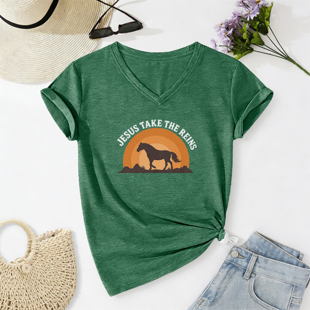 Christianartworkshop “Jesus Take The Reins” Horse Sunset Print Casual V-neck T-shirt - Dark Green - 2XL - image 16