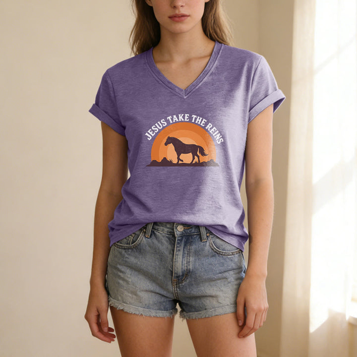 Christianartworkshop “Jesus Take The Reins” Horse Sunset Print Casual V-neck T-shirt - image 19