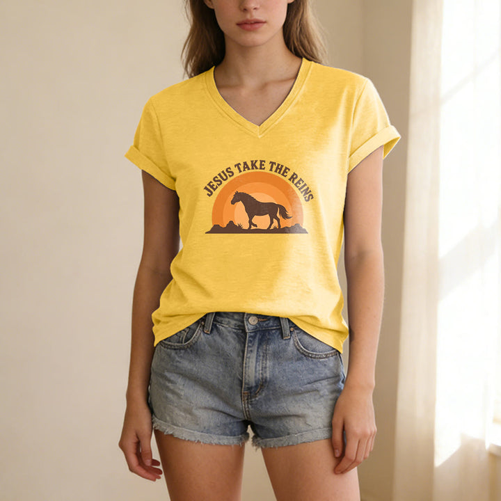 Christianartworkshop “Jesus Take The Reins” Horse Sunset Print Casual V-neck T-shirt - image 5