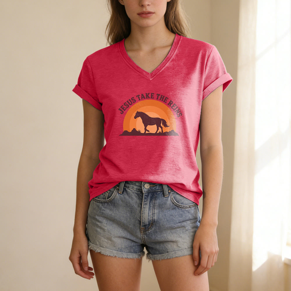 Christianartworkshop “Jesus Take The Reins” Horse Sunset Print Casual V-neck T-shirt - image 1