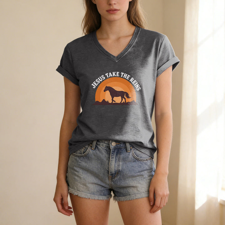 Christianartworkshop “Jesus Take The Reins” Horse Sunset Print Casual V-neck T-shirt - image 23