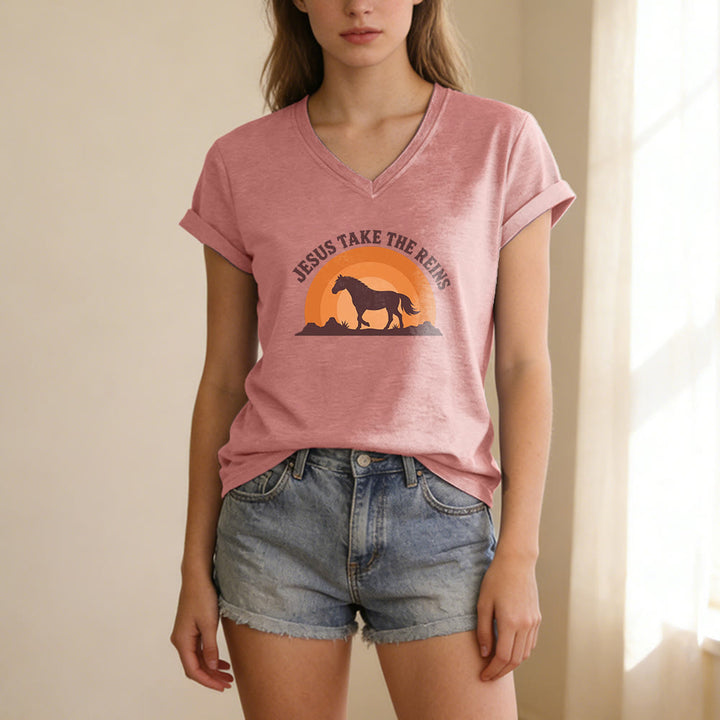 Christianartworkshop “Jesus Take The Reins” Horse Sunset Print Casual V-neck T-shirt - image 13