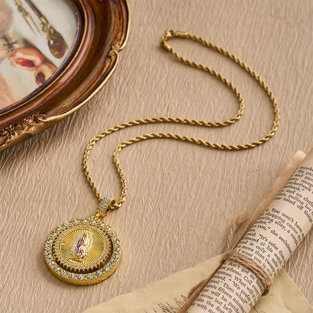 Christianartworkshop Rotating Our Lady of Guadalupe Medallion Necklace with Double Zircon Halo: A Reminder of Divine Grace - image 4