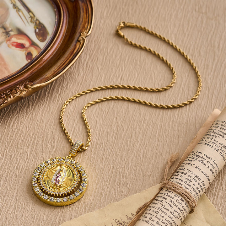 Christianartworkshop Rotating Our Lady of Guadalupe Medallion Necklace with Double Zircon Halo: A Reminder of Divine Grace - image 4