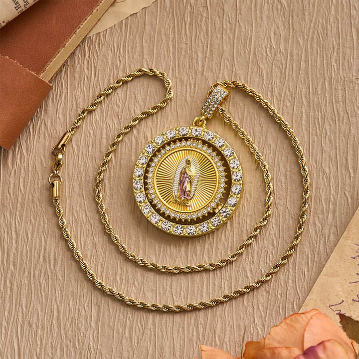Christianartworkshop Rotating Our Lady of Guadalupe Medallion Necklace with Double Zircon Halo: A Reminder of Divine Grace - image 5
