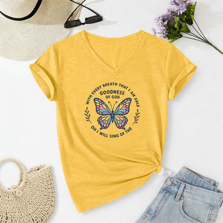 Christianartworkshop Sing of the Goodness of God Butterfly Print Casual V-neck T-shirt - Yellow - 2XL - image 4