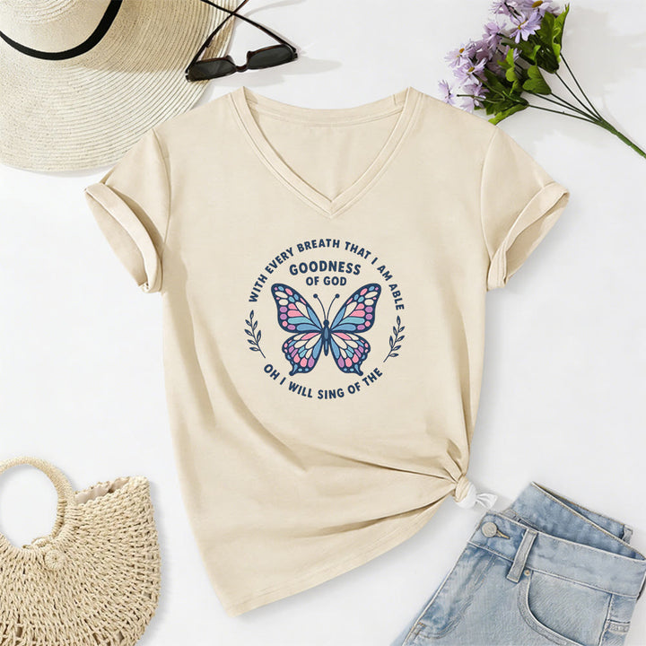 Christianartworkshop Sing of the Goodness of God Butterfly Print Casual V-neck T-shirt - Beige - 2XL - image 2