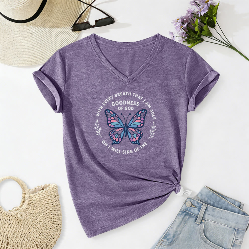 Christianartworkshop Sing of the Goodness of God Butterfly Print Casual V-neck T-shirt - Purple - 2XL - image 0