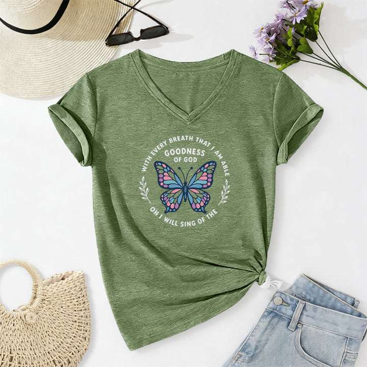 Christianartworkshop Sing of the Goodness of God Butterfly Print Casual V-neck T-shirt - Olive Green - 2XL - image 6