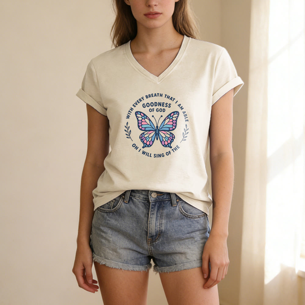 Christianartworkshop Sing of the Goodness of God Butterfly Print Casual V-neck T-shirt - image 3