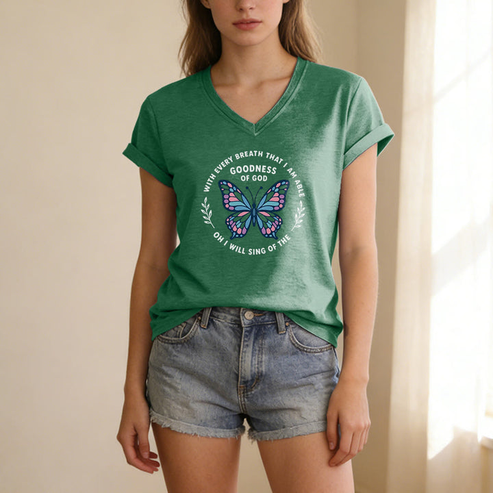 Christianartworkshop Sing of the Goodness of God Butterfly Print Casual V-neck T-shirt - image 17
