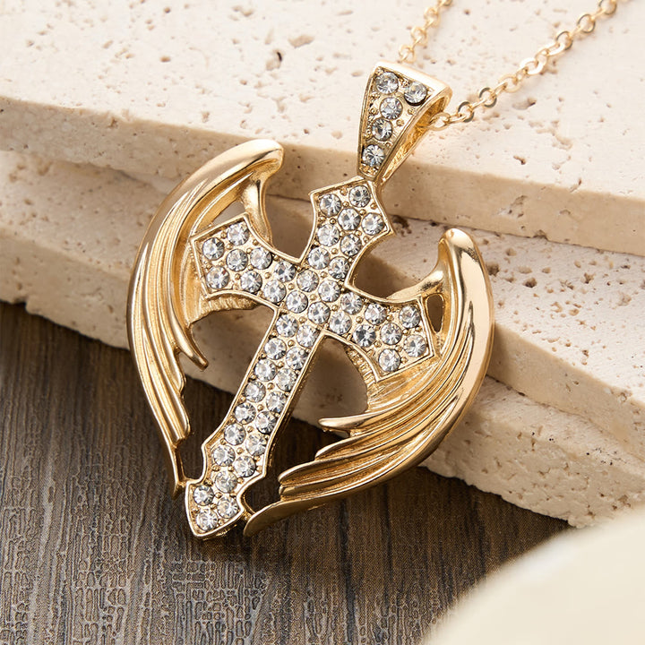 Christianartworkshop Gold-Tone Angel Wing Cross Pendant Necklace with Zircon Stones: A Symbol of Divine Protection - Wing & Cross - image 0