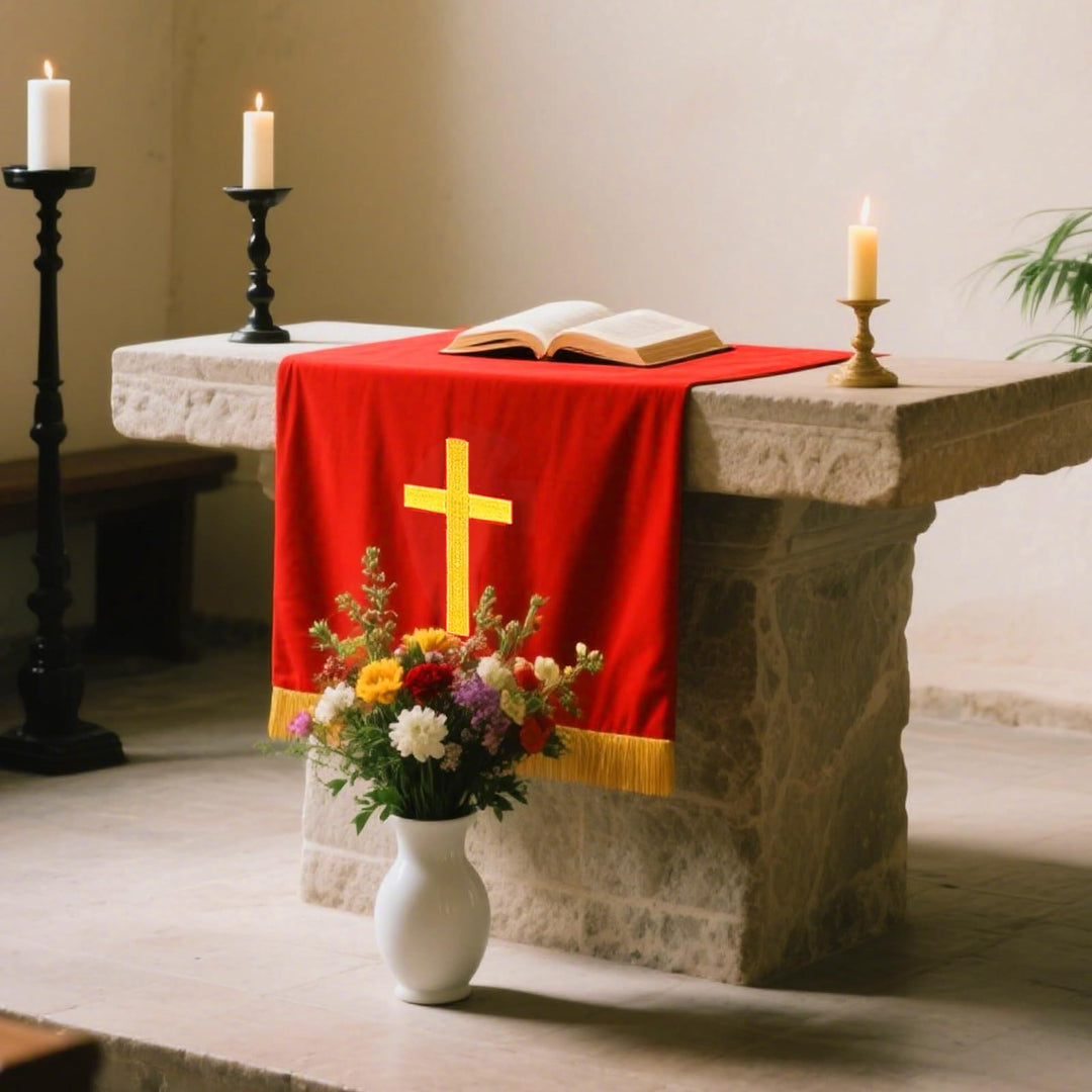 Christianartworkshop Complete Church Parament Set: Table Runner, Lectern Scarf & Bible Marker in Red and White - image 0