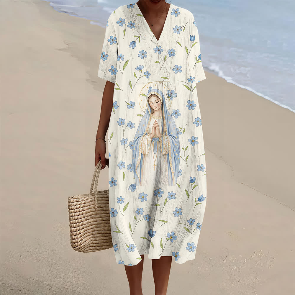 Christianartworkshop Soft Watercolor Our Lady Floral V-Neck Short Sleeve Midi Dress - 4XL - image 0