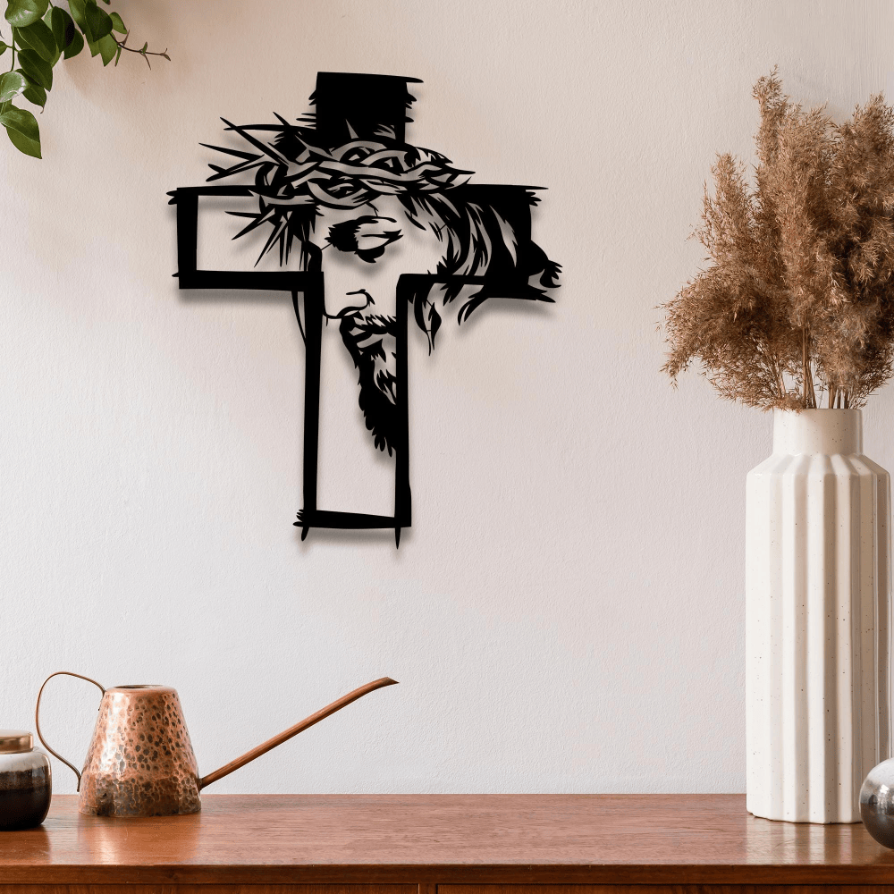 Christianartworkshop Cross With Jesus and Crown of Thorns Metal Wall Decor: A Striking Reminder of Grace - image 0
