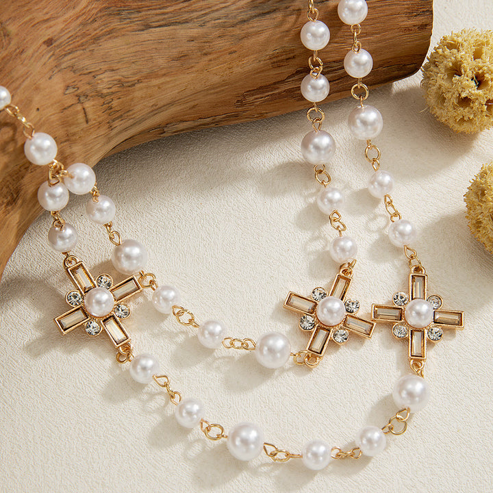 Christianartworkshop Elegant Cross Rosary Necklace with Gold-Tone Details & White Beads: A Reminder of Divine Grace - image 2