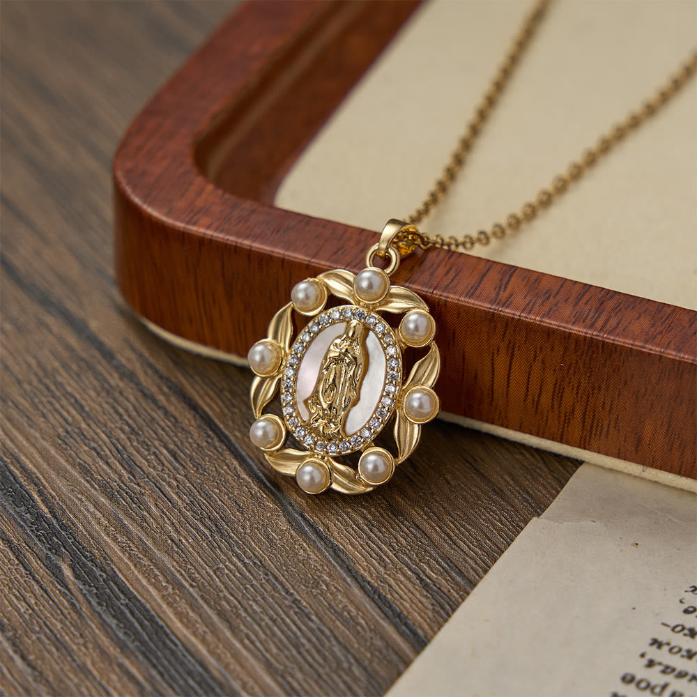 Christianartworkshop Vintage Our Lady Pendant Necklace with Mother of Pearl & White Beads: A Symbol of Marian Grace - Our Lady - image 0