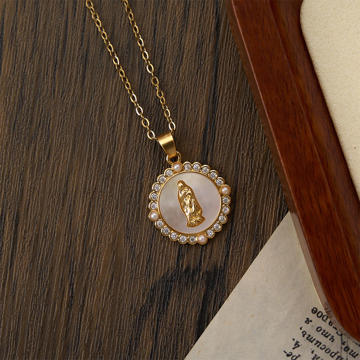 Christianartworkshop Ornate Gold-Tone Virgin Mary Necklace with Mother of Pearl Inlay & Crystal Halo: A Reminder of Divine Protection - image 3