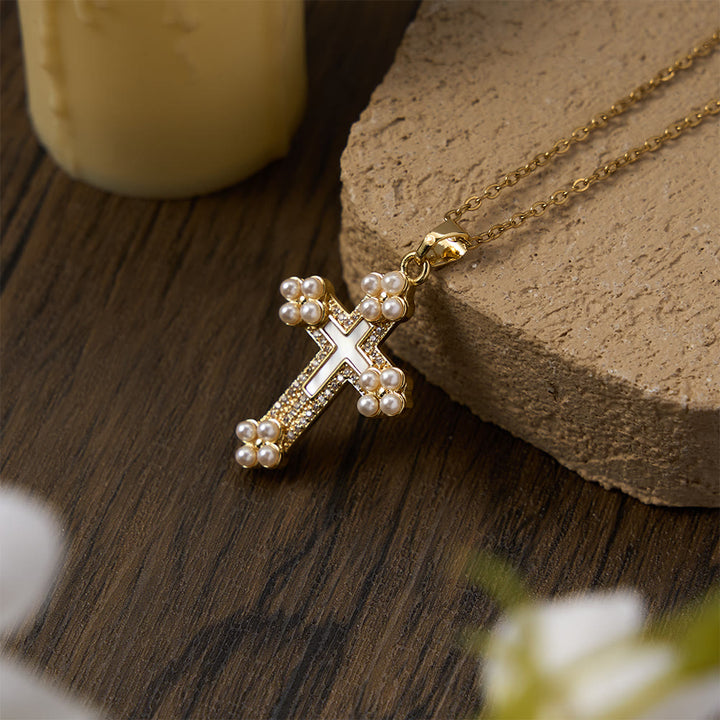 Christianartworkshop Refined Cross Pendant Necklace with Mother of Pearl, Zircon, and Pearl Accents - image 3