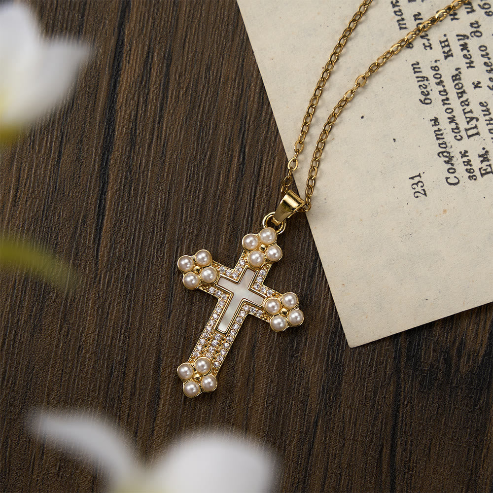 Christianartworkshop Refined Cross Pendant Necklace with Mother of Pearl, Zircon, and Pearl Accents - Cross - image 0
