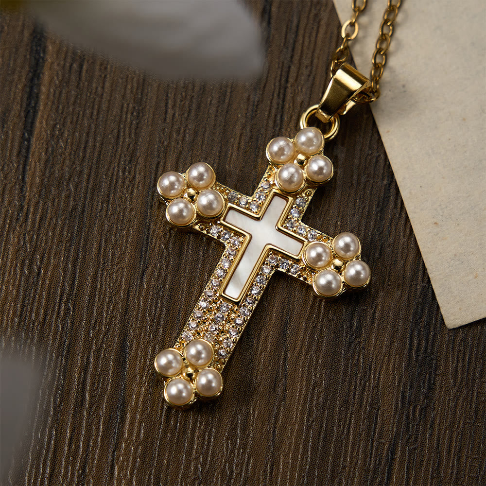 Christianartworkshop Refined Cross Pendant Necklace with Mother of Pearl, Zircon, and Pearl Accents - image 1