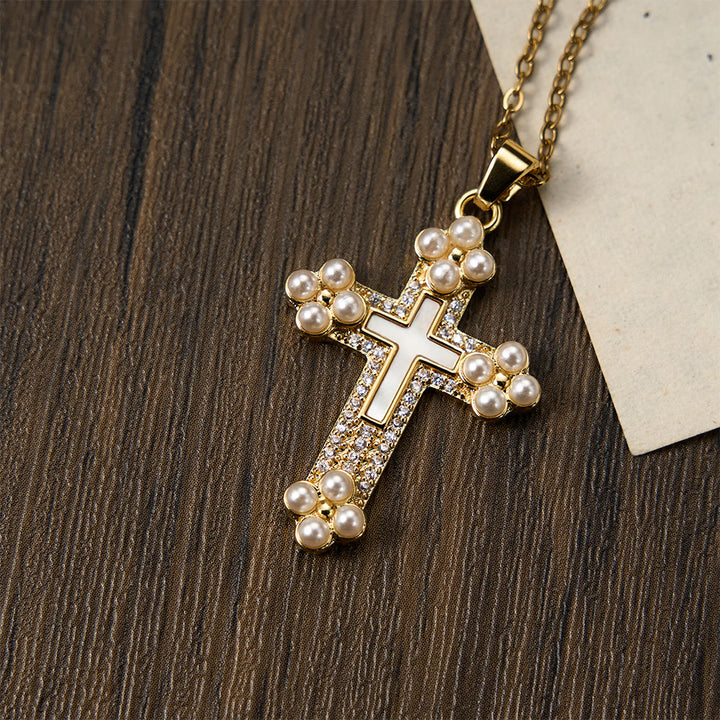 Christianartworkshop Refined Cross Pendant Necklace with Mother of Pearl, Zircon, and Pearl Accents - image 5