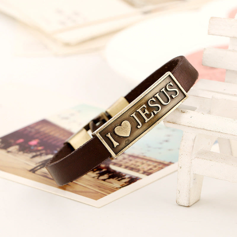 Christianartworkshop Antiqued Brass I Love JESUS Leather Bracelet with Embossed Heart Motif: A Reminder of Divine Love - image 1