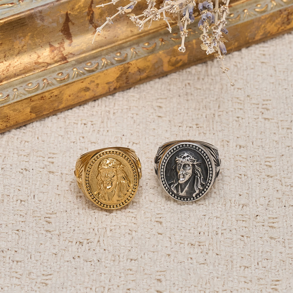 Christianartworkshop Two-Color Jesus Portrait Ring with Beaded Border and Cross Detail: A Reminder of Divine Sacrifice - image 0