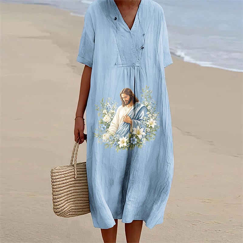 Christianartworkshop Jesus Floral Wreath Watercolor V-Neck Short Sleeve Midi Dress - Blue - 4XL - image 0