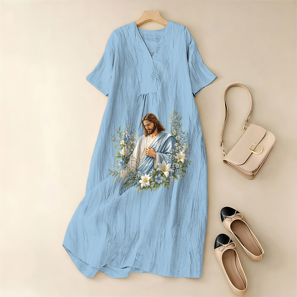 Christianartworkshop Jesus Floral Wreath Watercolor V-Neck Short Sleeve Midi Dress - image 1