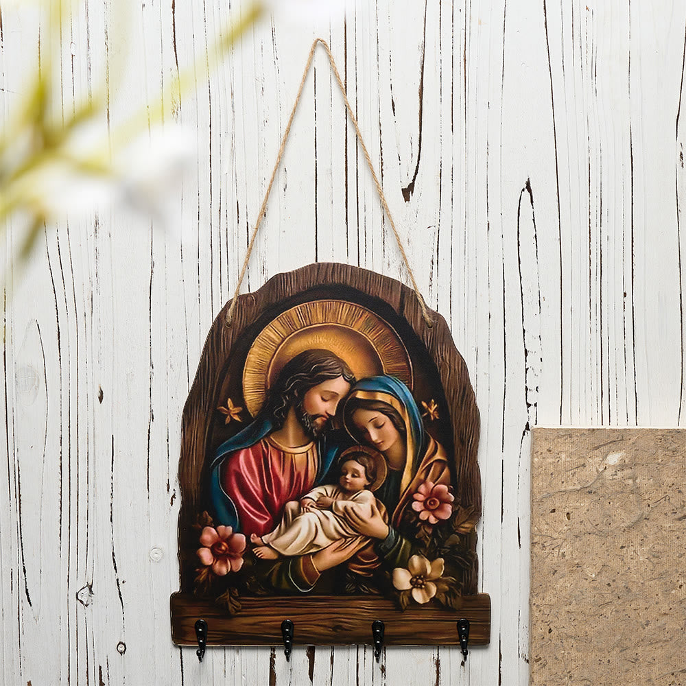 Christian Wall Hanging Key Rack - Nativity & Holy Family Jesus Bless ...