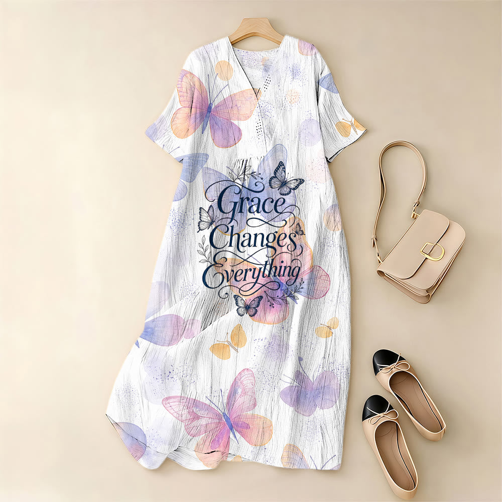 Christianartworkshop Grace Changes Everything Pastel Butterfly V-Neck Short Sleeve Midi Dress - image 1