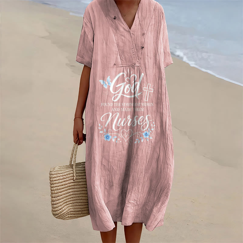 Christianartworkshop God Found the Strongest Women and Made Them Nurses Inspirational V-Neck Short Sleeve Midi Dress - Pink - 4XL - image 2