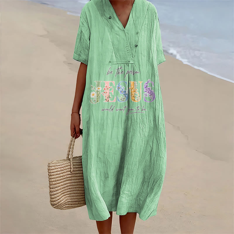 Christianartworkshop Be the Person Jesus Would Want You to Be Floral Jesus V-Neck Short Sleeve Midi Dress - Green - 4XL - image 4