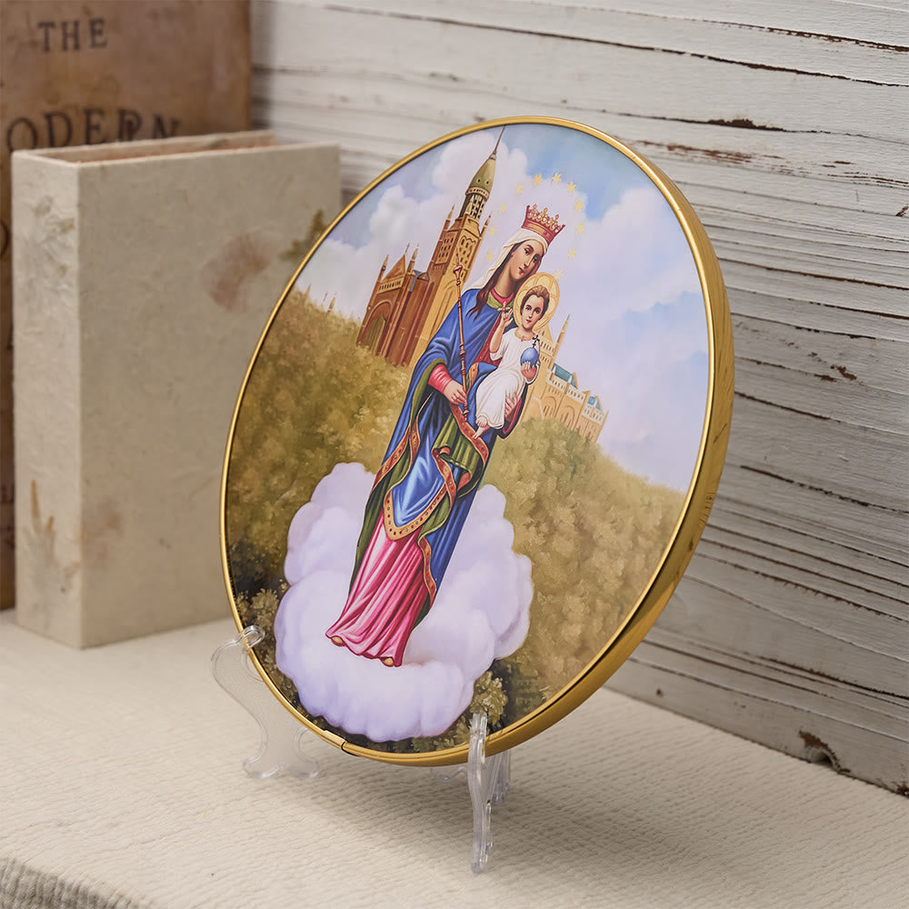 Christianartworkshop Madonna and Child Desktop Ornament with Cathedral Backdrop & Gold Rim: A Symbol of Marian Grace - image 3