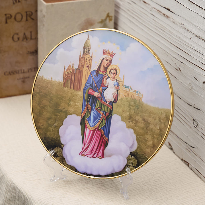 Christianartworkshop Madonna and Child Desktop Ornament with Cathedral Backdrop & Gold Rim: A Symbol of Marian Grace - image 2