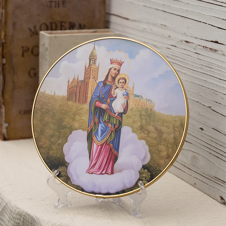 Christianartworkshop Madonna and Child Desktop Ornament with Cathedral Backdrop & Gold Rim: A Symbol of Marian Grace - image 1