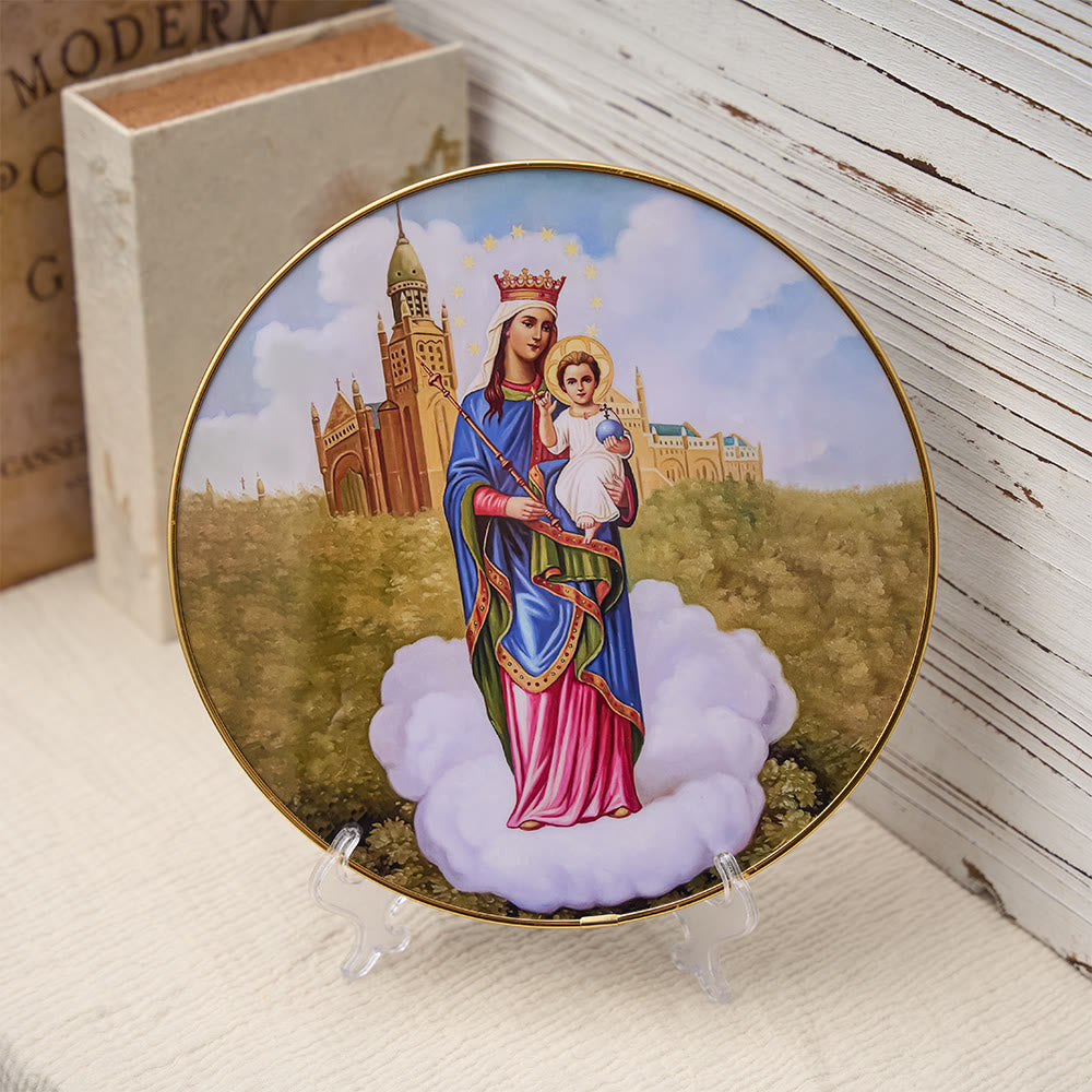 Christianartworkshop Madonna and Child Desktop Ornament with Cathedral Backdrop & Gold Rim: A Symbol of Marian Grace - image 6