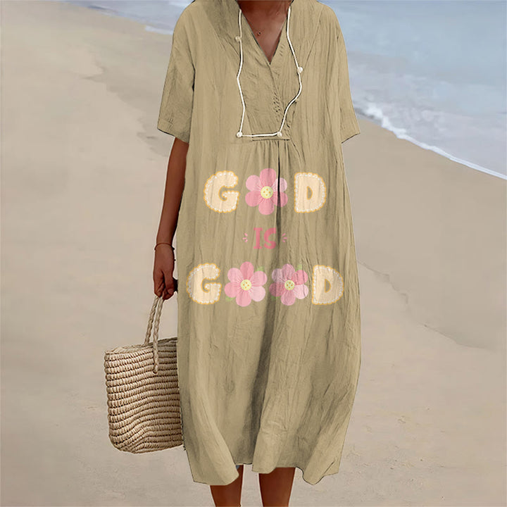 Christianartworkshop Devotional “God Is Good” Floral Statement V-Neck Short Sleeve Midi Dress - Khaki - 4XL - image 2