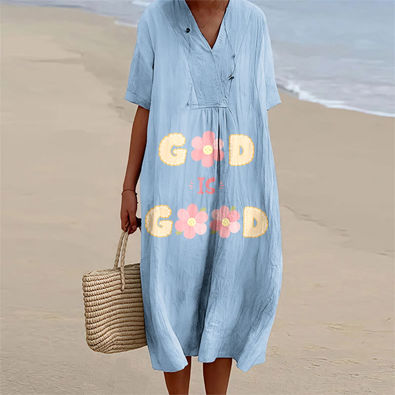 Christianartworkshop Devotional “God Is Good” Floral Statement V-Neck Short Sleeve Midi Dress - Blue - 4XL - image 4
