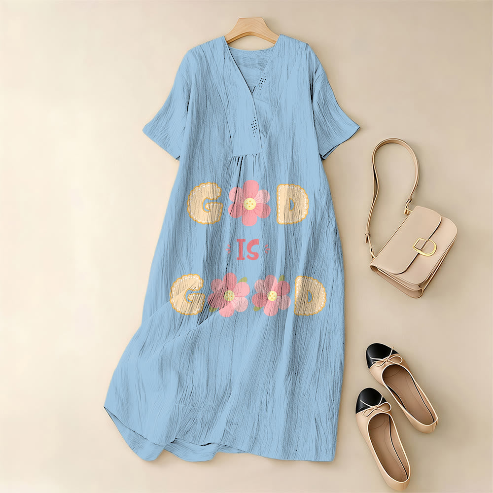 Christianartworkshop Devotional “God Is Good” Floral Statement V-Neck Short Sleeve Midi Dress - image 5