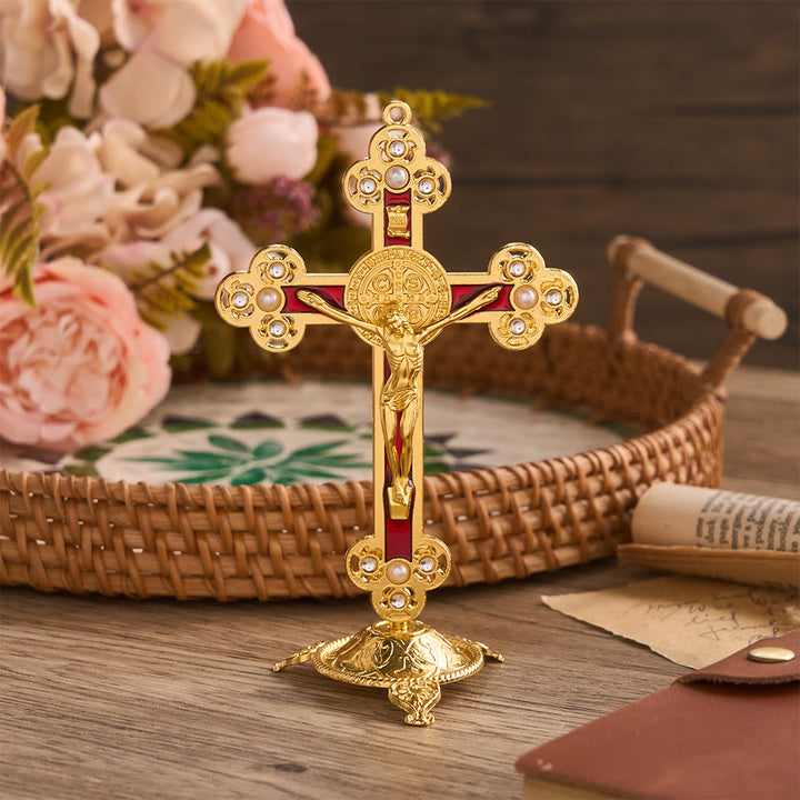 Christianartworkshop Ornate St. Benedict Crucifix Desktop Ornament with Gold Finish & Pearl Accents: A Symbol of Divine Protection - Red - image 3